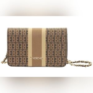 Bebe Monogram Brown Tan Crossbody Bag with Chain Detail